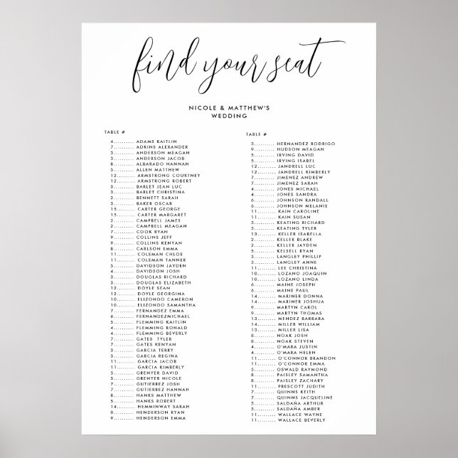 Elegant Alphabetical Order Wedding Seating Chart  (Front)