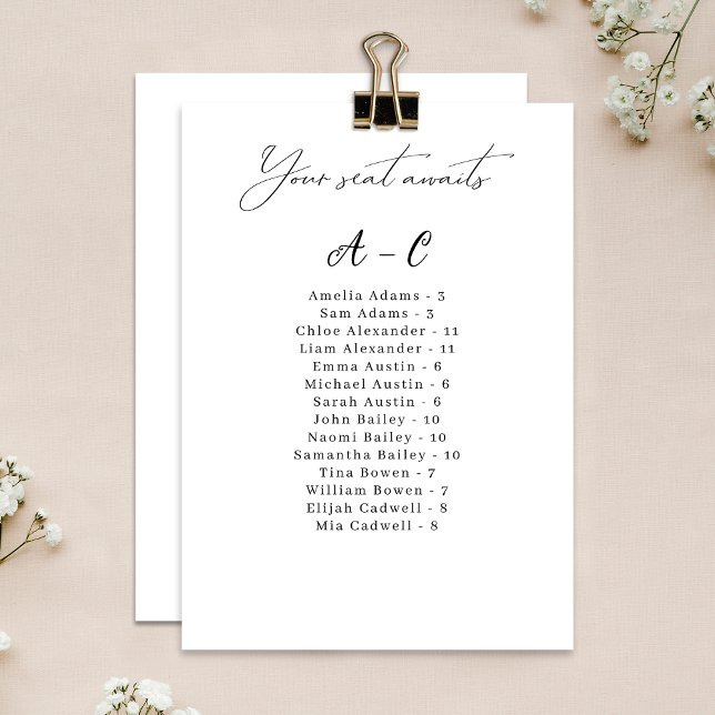 Elegant Alphabetical Wedding Guest Seating Card (Convenient and organized wedding seating chart with alphabetical name arrangement.)