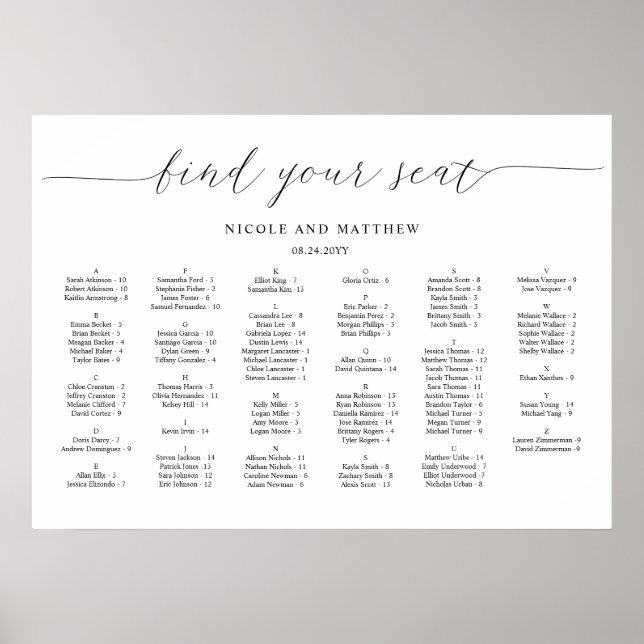 Elegant Alphabetical Wedding Seating Chart (Front)