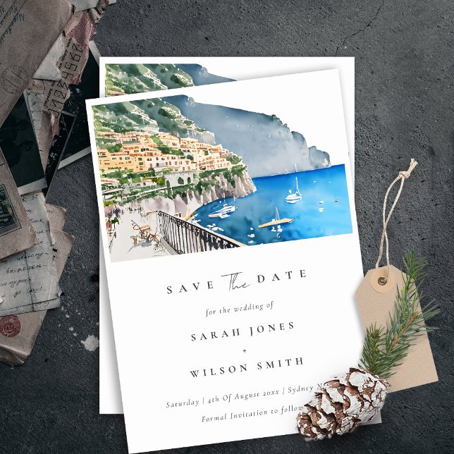 Elegant Amalfi Coast Italy Watercolor Landscape Save The Date (Creator Uploaded)