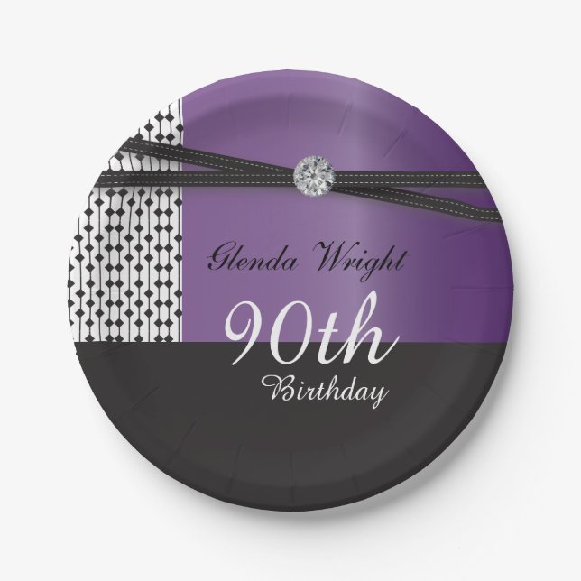 Elegant Amethyst Purple and Black Birthday Paper Plate (Front)
