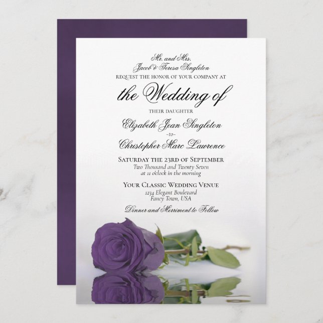 Elegant Amethyst Purple Rose Formal Wedding Invitation (Front/Back)