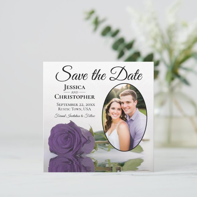 Elegant Amethyst Purple Rose & Oval Photo Wedding Save The Date (Standing Front)