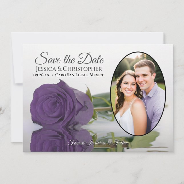 Elegant Amethyst Purple Rose & Oval Photo Wedding Save The Date (Front)