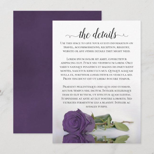 Elegant Amethyst Purple Rose Wedding Details Enclosure Card (Front/Back)