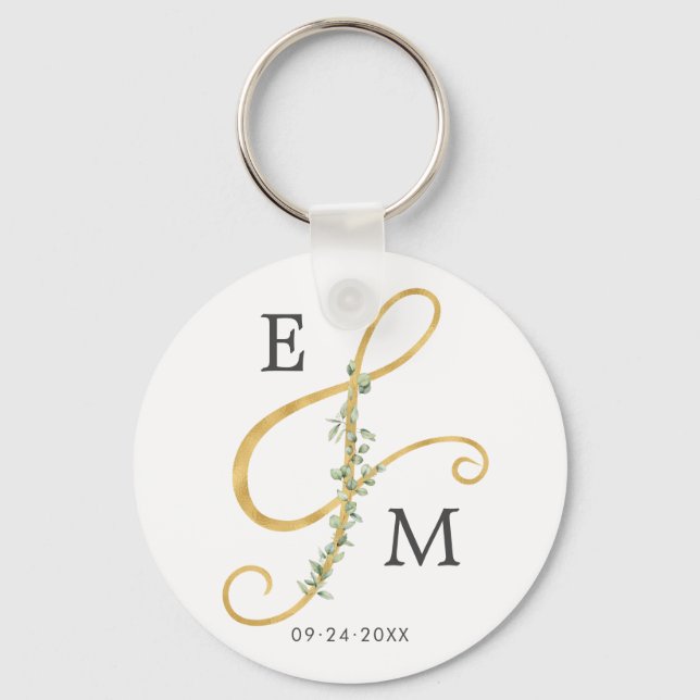 Elegant Ampersand Greenery Monogram Wedding Keychain (Front)