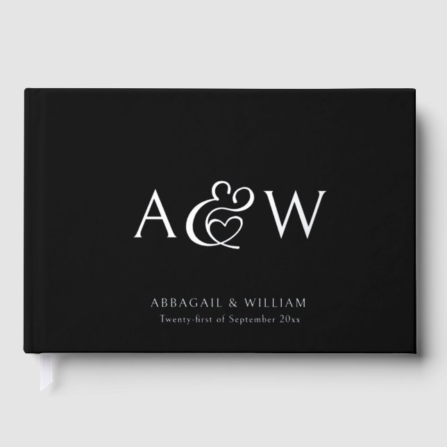 Elegant Ampersand Monogram Silver Black Wedding Guest Book (Front)
