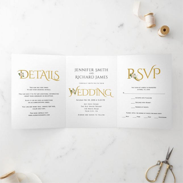 Elegant ampersand with white rose wedding Tri-Fold invitation (Inside)