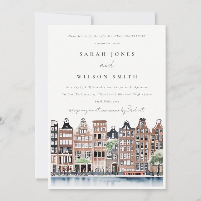 Elegant Amsterdam Dutch Canal Wedding Anniversary Invitation (Front)
