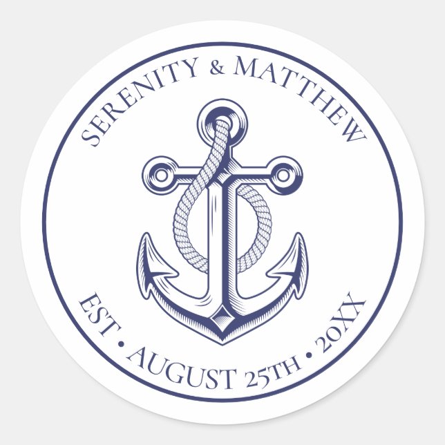 Elegant Anchor Navy Blue Nautical Wedding  Classic Round Sticker (Front)