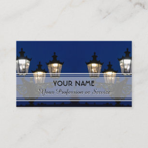 Elegant ancient lantern lights in the blue night business card