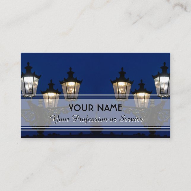 Elegant ancient lantern lights in the blue night business card (Front)