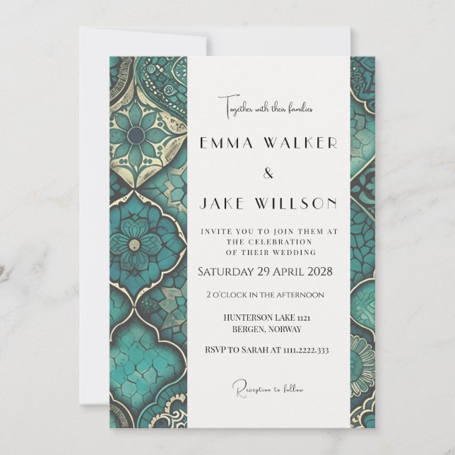 Elegant And Bold Detailed Green Pattern Wedding Invitation (Front)
