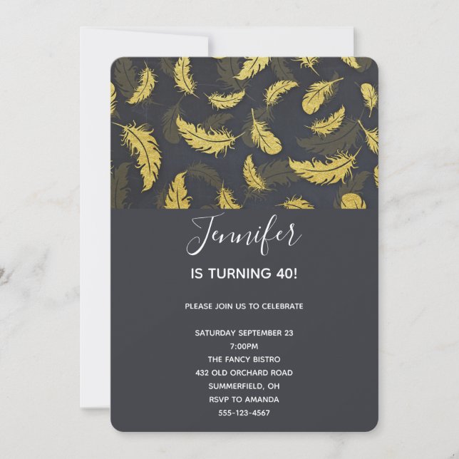 Elegant And Chic Black And Gold Feather Birthday Invitation (Front)