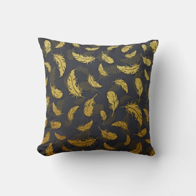 Elegant And Chic Black And Gold Feather Pattern Throw Pillow (Front)