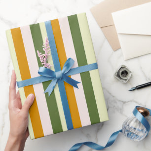 Elegant and Chic Warm Green, Pink and Gold Stripes Wrapping Paper