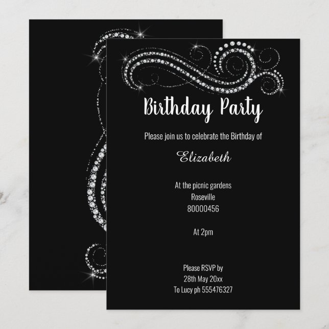 ELEGANT AND CLASSY BLACK DIAMOND BIRTHDAY PARTY INVITATION (Front/Back)