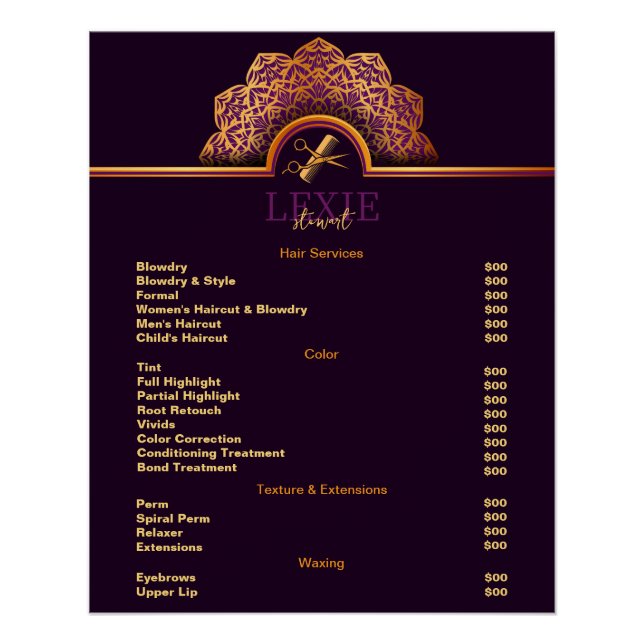 Elegant and Classy Hair Stylist Price List Poster (Front)