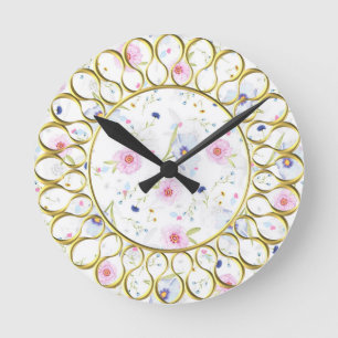 Elegant and delicate flowers in gold round clock