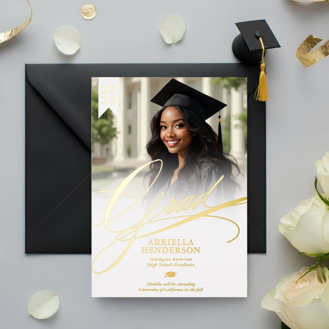 Elegant and Formal Script Graduation Announcement (Elegant Foil Graduation Announcement with Photo)