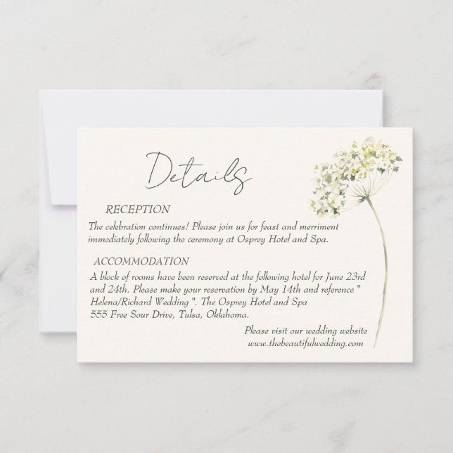 Elegant and Greenery Floral Wedding Details Card (Front)