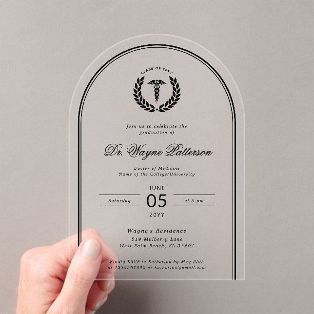 Elegant and Minimalist Medical School Graduation Acrylic Invitations (Insitu (Handheld))