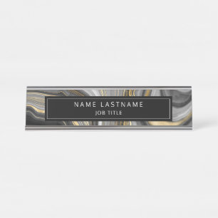 Elegant and Modern Agate Black Gray and Gold Desk Name Plate