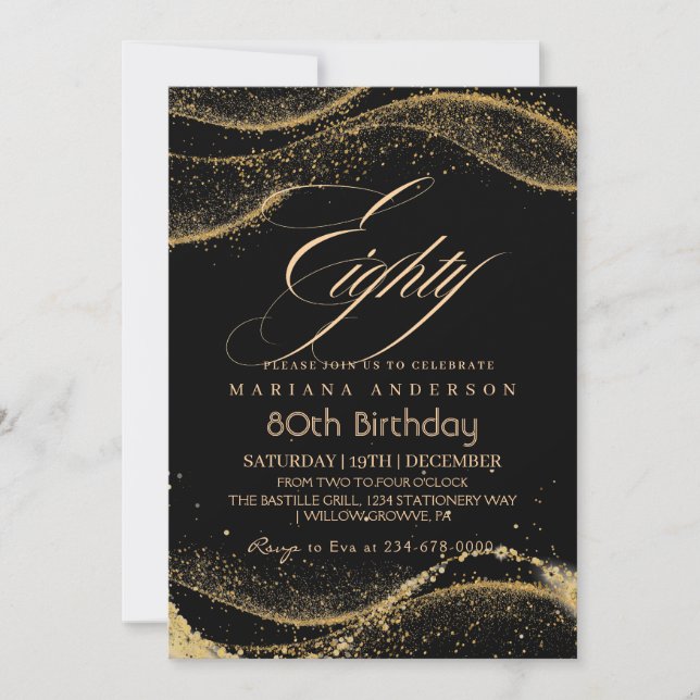 Elegant and modern Black gold 80th Birthday Invita Invitation (Front)