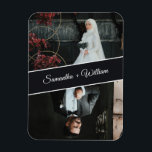 Elegant And Modern Custom 2 Photo Wedding Magnet<br><div class="desc">Celebrate love with this elegant custom wedding magnet featuring two personalized photos of the bride and groom with their names showcased in a stylish diagonal banner. A modern and timeless design, perfect for wedding favours, save the dates, or as a keepsake gift for family and friends. Easily personalize with your...</div>