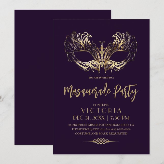 Elegant and Modern Gold Masquerade Party Birthday Invitation (Front/Back)