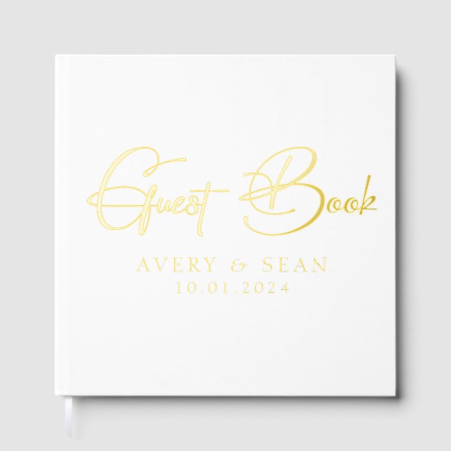 Elegant and Modern Personalized Black & Gold Foil Guest Book (Front)