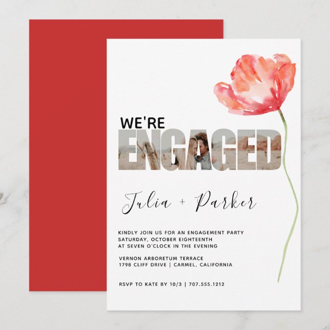 Elegant and Modern Poppy Red Engagement Party Invitation (Front/Back)