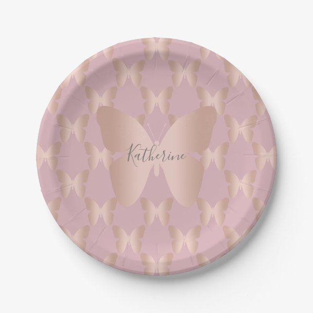 Elegant and modern rose gold butterfly design paper plate (Front)