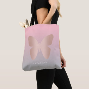 Elegant and modern rose gold butterfly design tote bag
