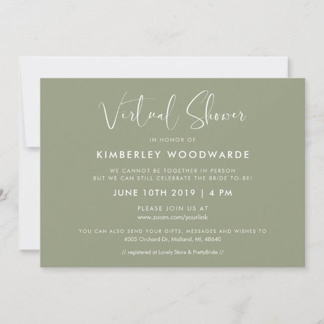 Elegant and modern Sage Green Virtual shower Invitation (Front)