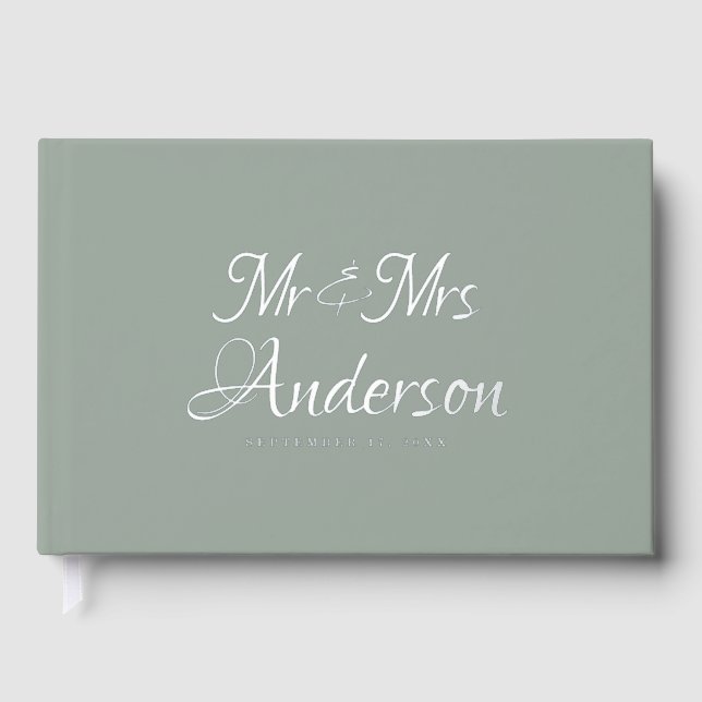 Elegant and Modern Script Sage Green Wedding Guest Book (Front)