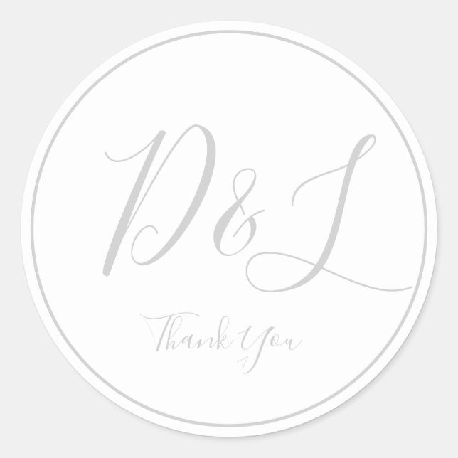 Elegant and Simple Light Grey Monogram Thank You Classic Round Sticker (Front)