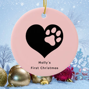 Elegant and Simple Pink Puppy Dog First Christmas Ceramic Ornament
