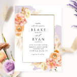 Elegant and Simple Purple, Peach and Blush Wedding Invitation<br><div class="desc">Delight your guest with this beautiful wedding invitation. Clean and simple design full of elegance and grace with delicate lavender purple watercolor stains in the background and elegant frame with floral details in peach, orange, blush, dusty rose, cream and champagne hues showcasing your wedding details. Wording in a stylish yet...</div>