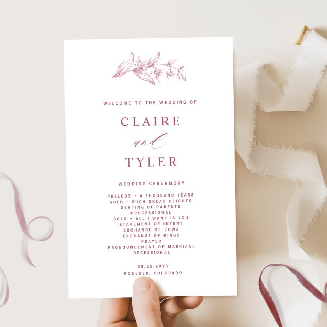 Elegant and Simple White Burgundy Wedding Program (Creator Uploaded)