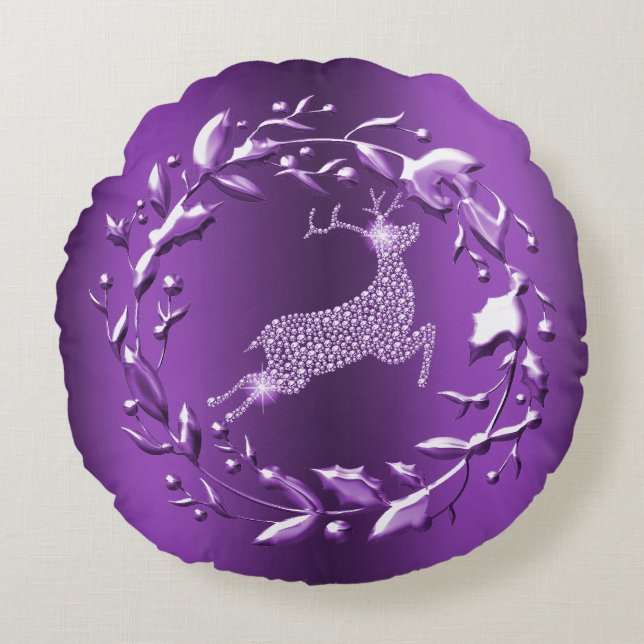 Elegant and Stylish Purple Reindeer Christmas Round Pillow (Front)