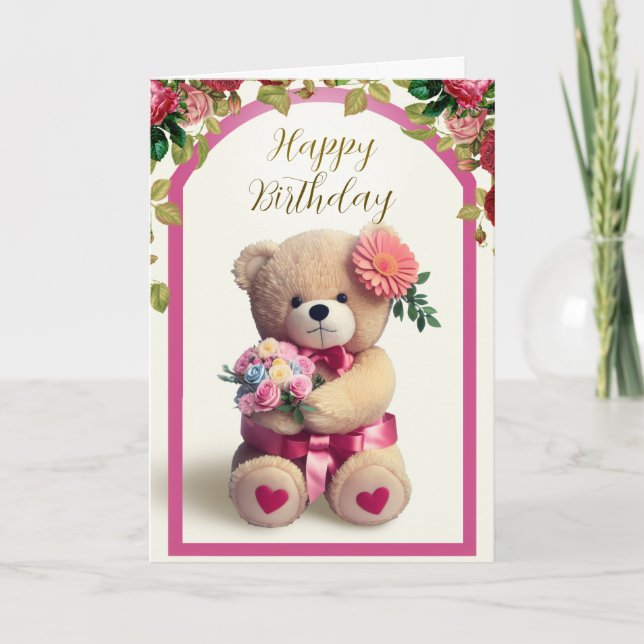 Elegant and Sweet Teddy Bear Birthday Card (Front)
