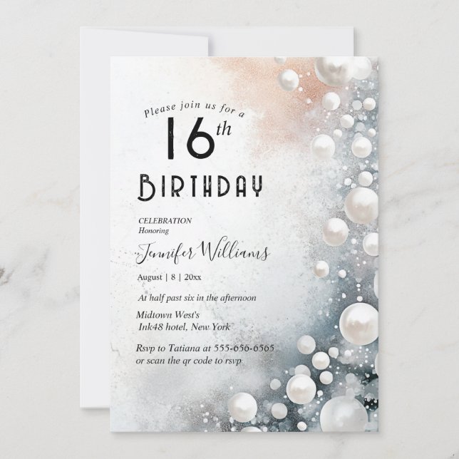 Elegant and White Pearls 16th birthday party Invitation (Front)