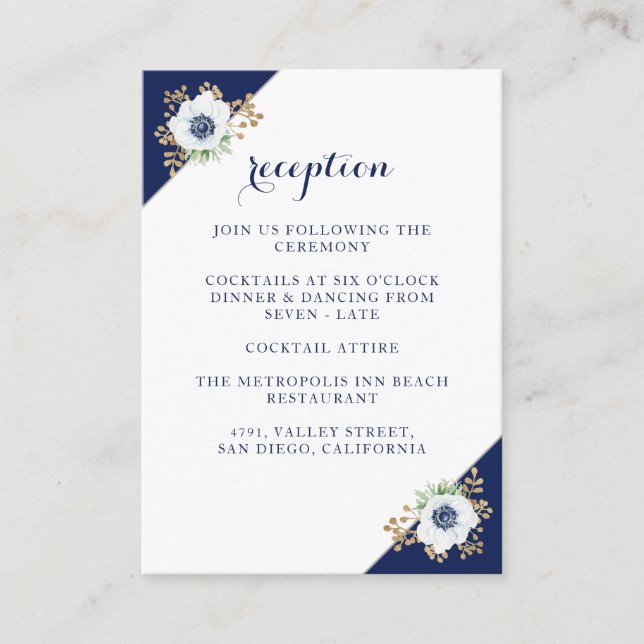 Elegant Anemone Blue Monogram Wedding Reception Enclosure Card (Front)