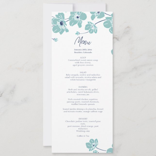 Elegant Anemone Floral Wedding Menu Card (Front)