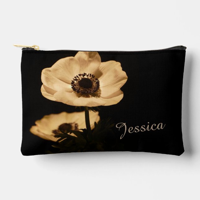 Elegant Anemone Flower Black Personalised Accessory Pouch (Front)