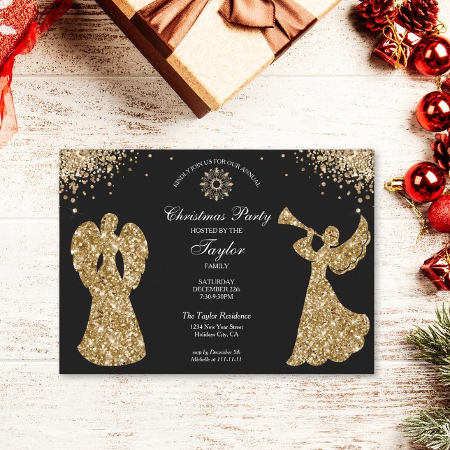 Elegant Angel Christmas Family Dinner Party Invitation (glitter gold angel)
