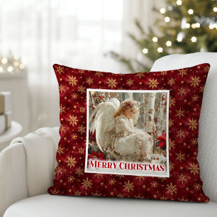 Elegant Angel Poinsettia Red Gold Best Christmas  Throw Pillow