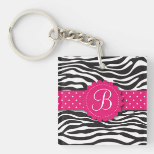 Elegant Animal Print Zebra Monogram Girly Pink Keychain