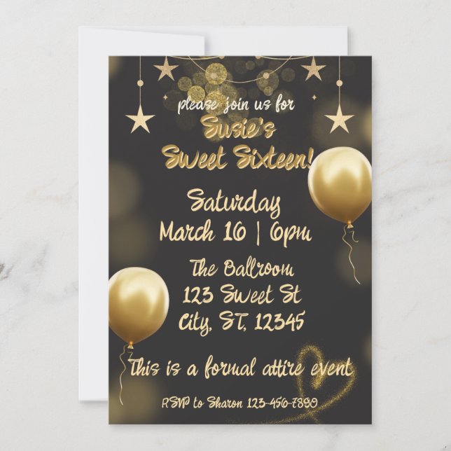 Elégant anniversaire Black and Gold Invitation (Devant)
